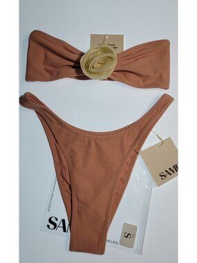 SAME Los Angeles Rosette Bandeau Bikini Set Faux Suede Pink Size Small NWT